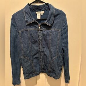 Coldwater Creek Blue Denim Zip-Up Jacket with Ribbed Knit Sleeves Sz PL